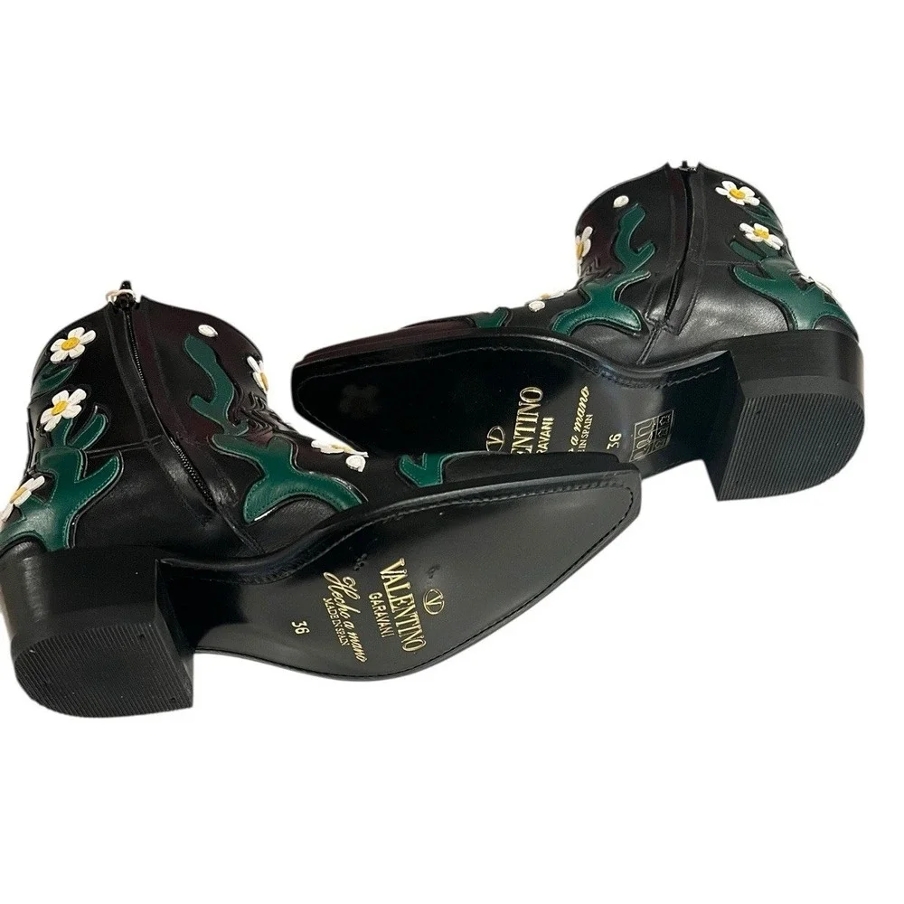 Valentino Garavani Black Leather Daisy Ankle‎ Cowboy Boots 5.5 - 6 Women Size 36